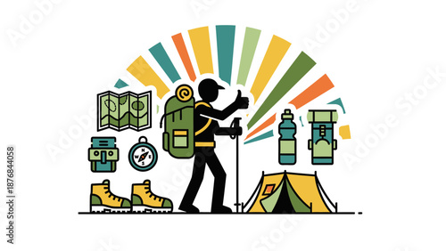 Adventure Awaits: A Vibrant Illustration of Hiking Essentials and Outdoor Exploration