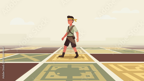 Adventurer Explores Intricate Puzzle Tiles in a Vast Desert Landscape