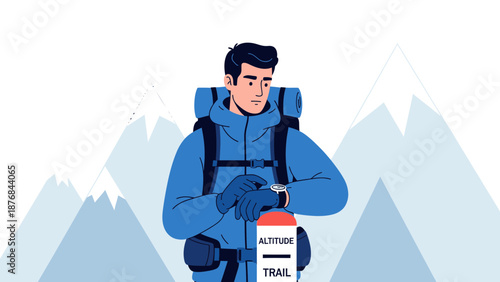 Adventure Awaits As A Hiker Checks His Watch In The Snowy Mountains