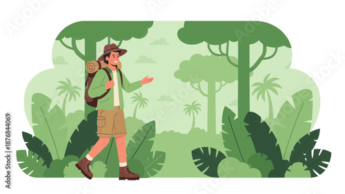 Adventurer Explores Lush Jungle Trekking Through Tropical Forest Environment