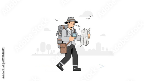 Adventurer Explores Nature Using Map And Radio Navigation Equipment On A Solo Journey