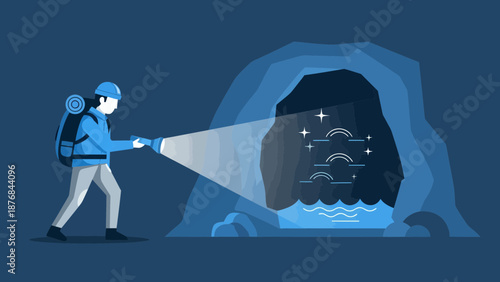 Adventurer Exploring A Cave With Flashlight Discovering Hidden Treasures
