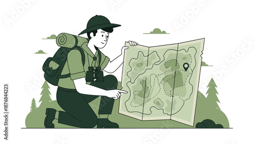 Adventure Awaits: Hiker Planning His Journey with a Map in the Wilderness