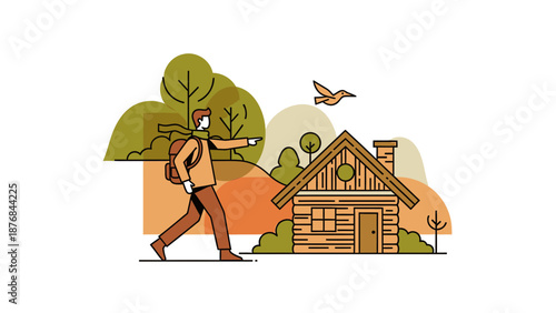 Adventurer Exploring Rural Destination With Log Cabin And Scenic Landscape