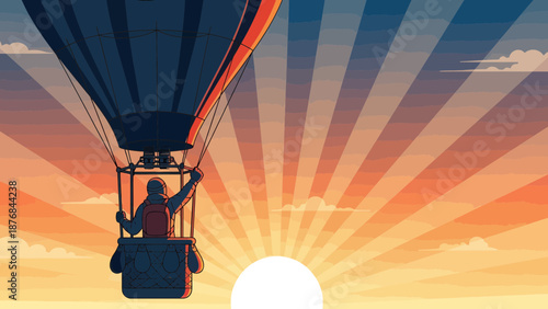 Adventure Awaits Hot Air Balloon Flight At Sunrise Colorful Skies Graphic Art