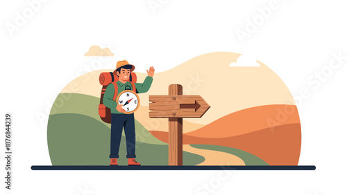 Adventurer Exploring Wilderness Using Compass Beside Wooden Arrow Showing Path