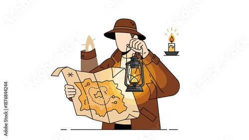 Adventurer Exploring Treasure Map With Lantern And Candlelight Illustration