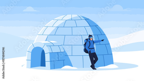 Adventurer Exploring Snowy Landscape Stands Beside Handmade Ice Igloo