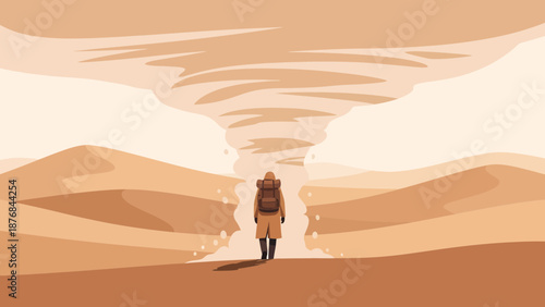 Adventurer Faces a Desert Tornado in a Harsh Arid Landscape Illustration