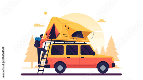 Adventure Awaits: Man Ascending Ladder to Rooftop Tent for Wilderness Camping