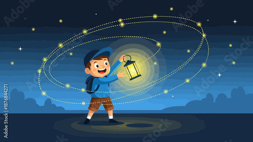 Adventure Awaits Little Boy With Lantern Exploring Magical Night Cartoon Illustration