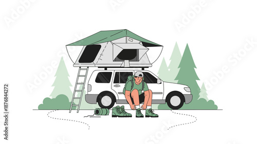 Adventure Awaits Man Prepares For Hike Near Car With Rooftop Tent