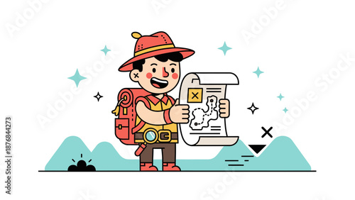 Adventurer Exploring With A Hand Drawn Map Illustration Adventure Concept