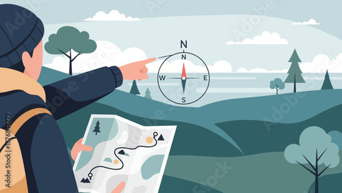 Adventurer Finds Direction Using Compass and Map While Exploring Beautiful Landscape