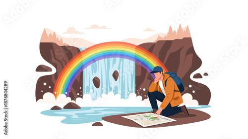 Adventurer Finds His Way On The Map To Reach The Waterfalls And The Rainbow