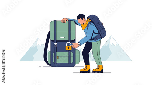 Adventure Awaits Man Securing Backpack For Trekking With Mountain Backdrop Illustration