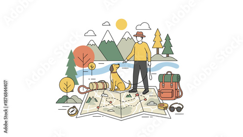Adventure Awaits With Man And Dog Planning Hike Together On A Folded Map