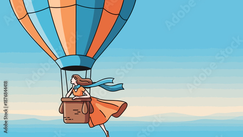 Adventure Awaits Woman In A Hot Air Balloon Ride Over A Scenic Landscape