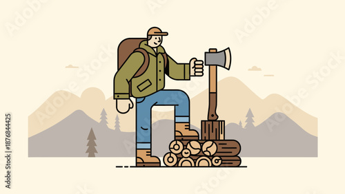 Adventurer In Nature Preparing Wood Minimalist Graphic Design Illustration