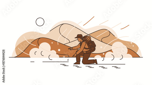 Adventurer In Desert Flat Illustration Exploring Sands And Discovering Track