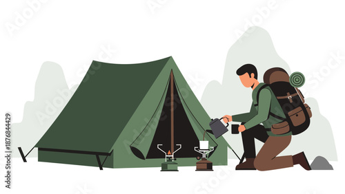 Adventure Awaits Young Backpacker Preparing Hot Drink At His Camping Site
