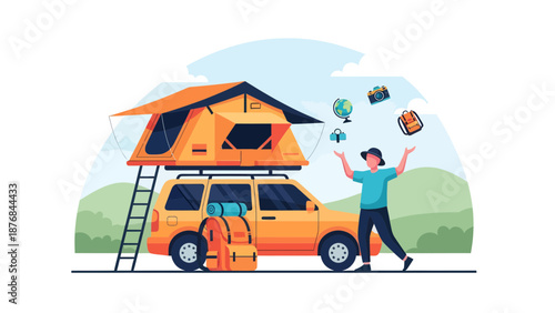 Adventure Awaits With Rooftop Tent Car And A Happy Traveler Ready For Exploration
