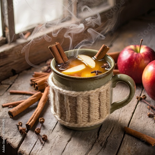 Inviting fall drink of hot cider with aromatic spices and apple slices, glowing with steam and cozy light.
