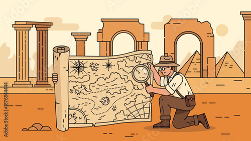 Adventurer Inspecting Ancient Map With Magnifying Glass Near Architectural Ruins