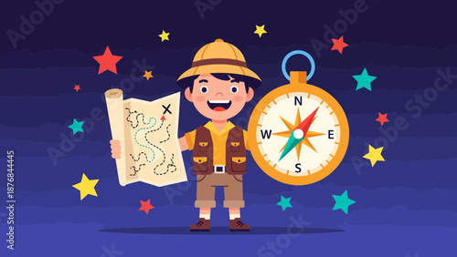 Adventure Awaits Young Explorer With Treasure Map And Compass Under Starry Sky