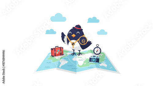 Adventure Awaits: Whimsical Bird on a Global Expedition with Traveling Accessories