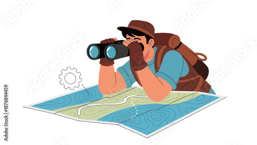 Adventurer Inspecting Topographic Map Using Binoculars For Nature Expedition Planning