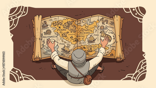 Adventurer Is Studying An Ancient World Map To Search For New Treasure Hunt