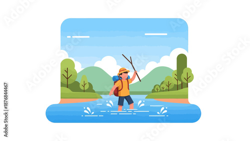 Adventure Awaits Young Hiker Exploring Nature With Backpack And Hiking Stick