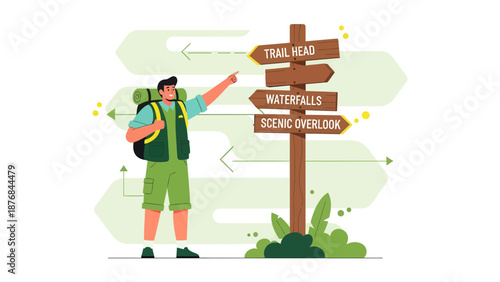 Adventurer Man Exploring Nature Pointing Different Directions Road Sign Destinations