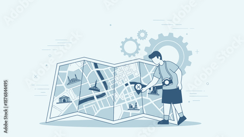 Adventure Awaits: Young Tourist Planning Trip with World Map and Camera