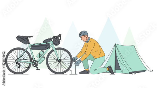 Adventure Cyclist Camping: Repairing Tire During Bicycle Touring Trip