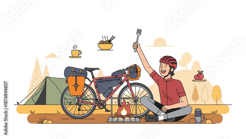 Adventure Cyclist Enjoying A Campfire Meal During A Cycling Holiday
