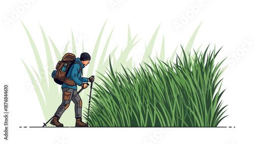 Adventurer On A Nature Trek Illustration With Tall Grass And Hiking Poles