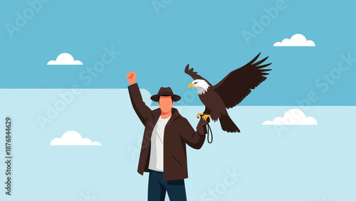 Adventure Man Celebrating Freedom With Majestic Bald Eagle On Hand