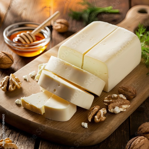 Elegant cheese composition with walnut halves and honey dip, served on wood with green herbs and soft lighting.