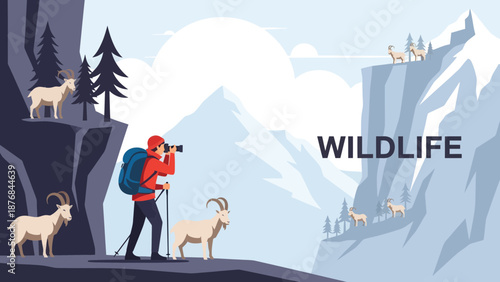 Adventure Photographer Capturing Mountain Goats in Majestic Wilderness Scenery