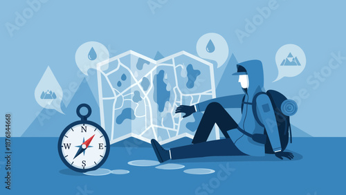 Adventurer Planning A Hike With Map And Compass Navigating Mountain Trails