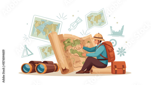 Adventurer Planning A Journey Around The World With An Ancient Map