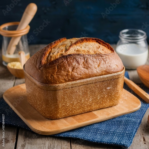 Warm homemade bread in baking dish with textured crust, styled with milk, butter, and wooden spoon on cozy tabletop scene.