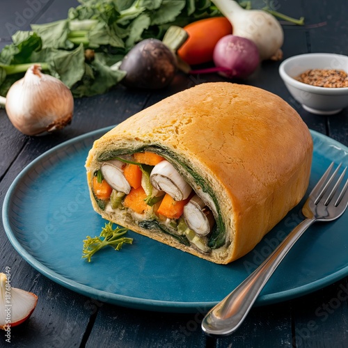 Elegant veggie Wellington with crisp crust and vibrant filling, surrounded by radishes, onions, and herbs in cozy tabletop scene.