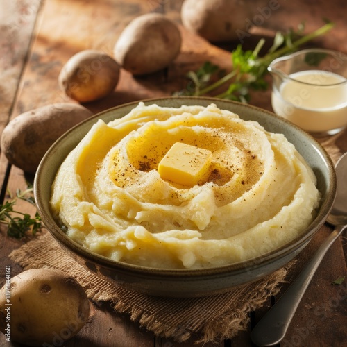 Homestyle mashed potato bowl with butter swirl and pepper, placed on wooden table with herbs, milk, and raw potatoes.
