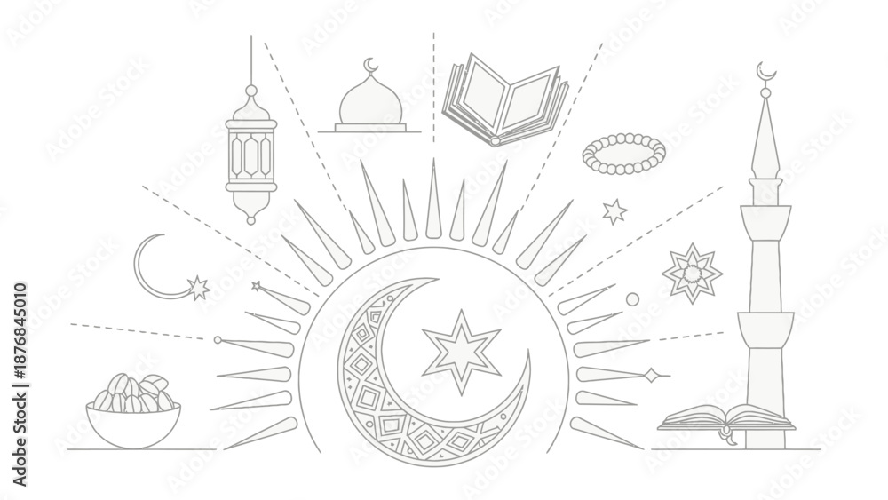 Obraz premium Eid Mubarak Icon: An array of detailed icons representing the essence of Eid, including crescent moon, star, mosque, lantern, and prayer beads, forms a rich tapestry of faith, unity, and celebration.