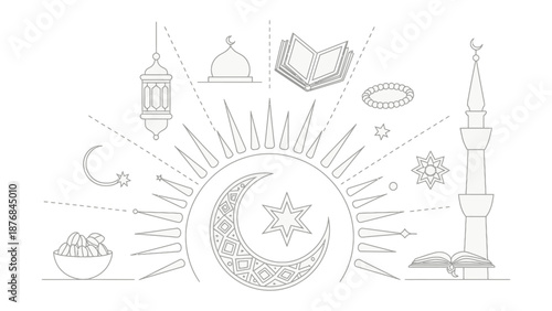 Eid Mubarak Icon: An array of detailed icons representing the essence of Eid, including crescent moon, star, mosque, lantern, and prayer beads, forms a rich tapestry of faith, unity, and celebration.