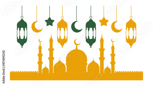 Symbolic Celebration of Faith: An artistic depiction of a mosque, adorned with crescent moons and stars, symbolizing the spirit of faith, unity, and cultural heritage.