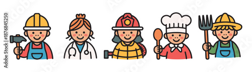 Cute cartoon children illustrating different professions including construction worker, doctor, firefighter, chef and farmer